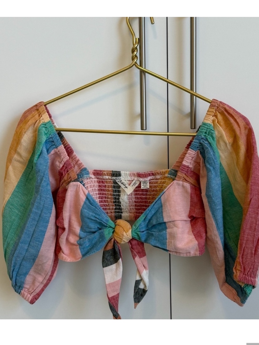 Sincerly Jules Multi-Stripe Tie-Front Puff Sleeve Crop Top
